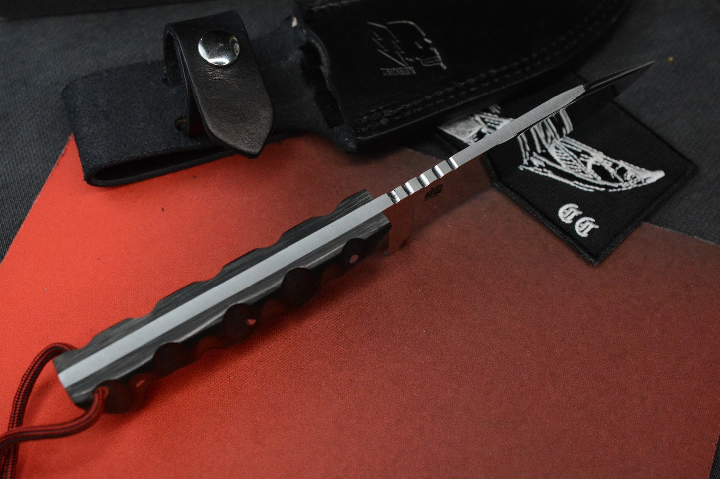 CUSTOM Crimson Bushcraft Mirror Polish Hollow Grind Textured Black Micarta