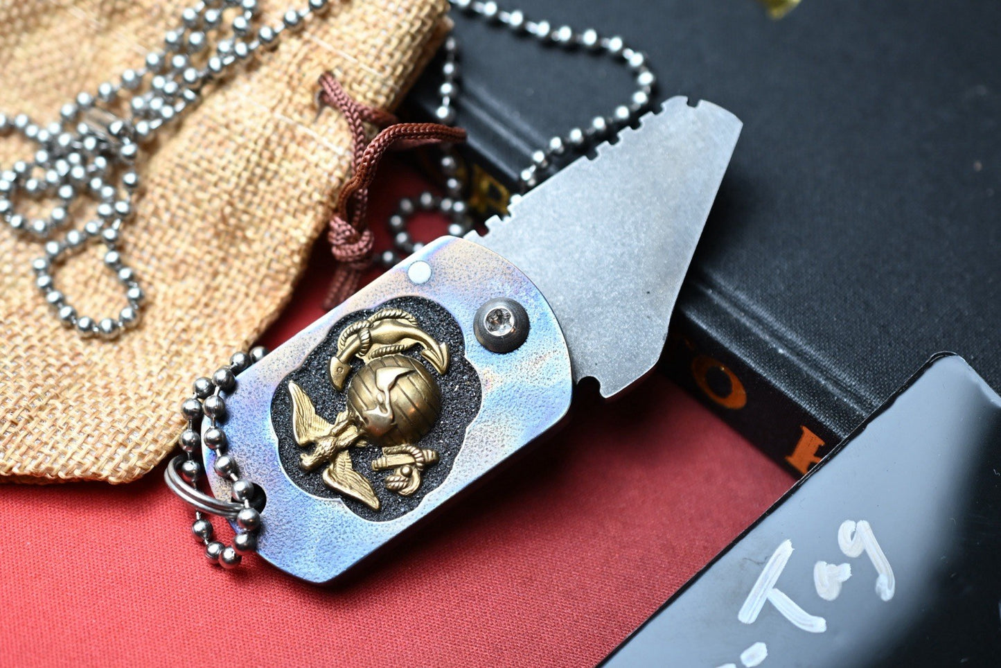 CUSTOM Heeter Knife Works War Tag Knife - Flames Ti / Eagle Globe Anchor Inlay