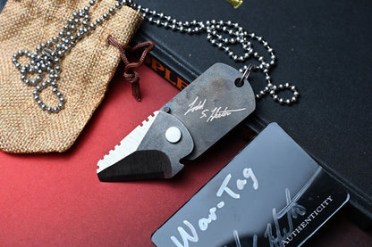 CUSTOM Heeter Knife Works War Tag Knife - Flames Ti / Eagle Globe Anchor Inlay