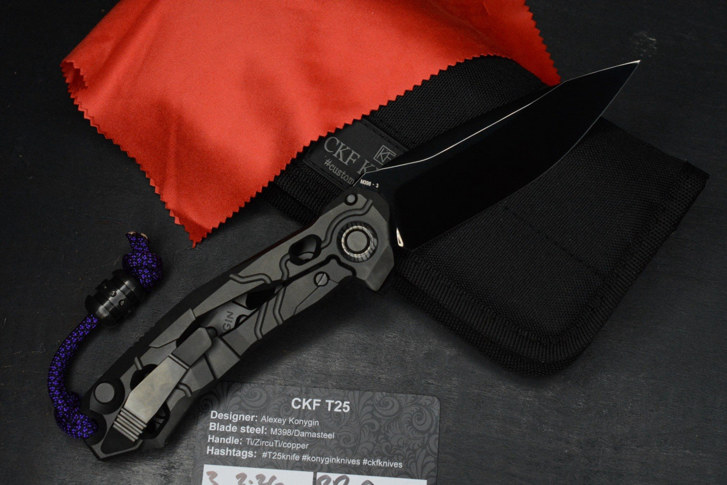 NEW Custom Knife Factory T25 DLC Milled Ti / Polished DLC M398 w/Zirc Droid Bead