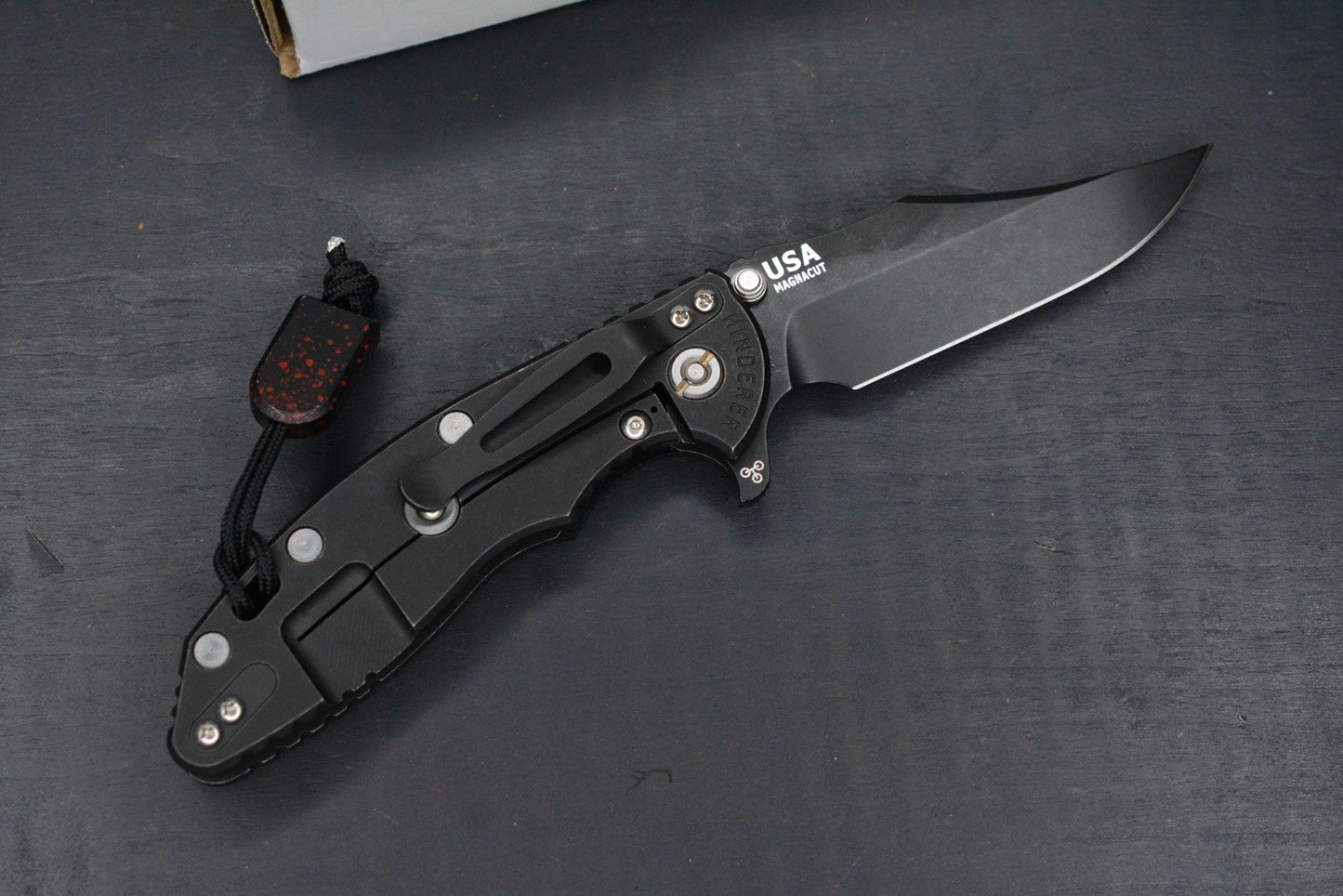 RARE Hinderer XM-18 Battle Black Magnacut Bowie/ G10 w/ Splatter Tombstone Bead
