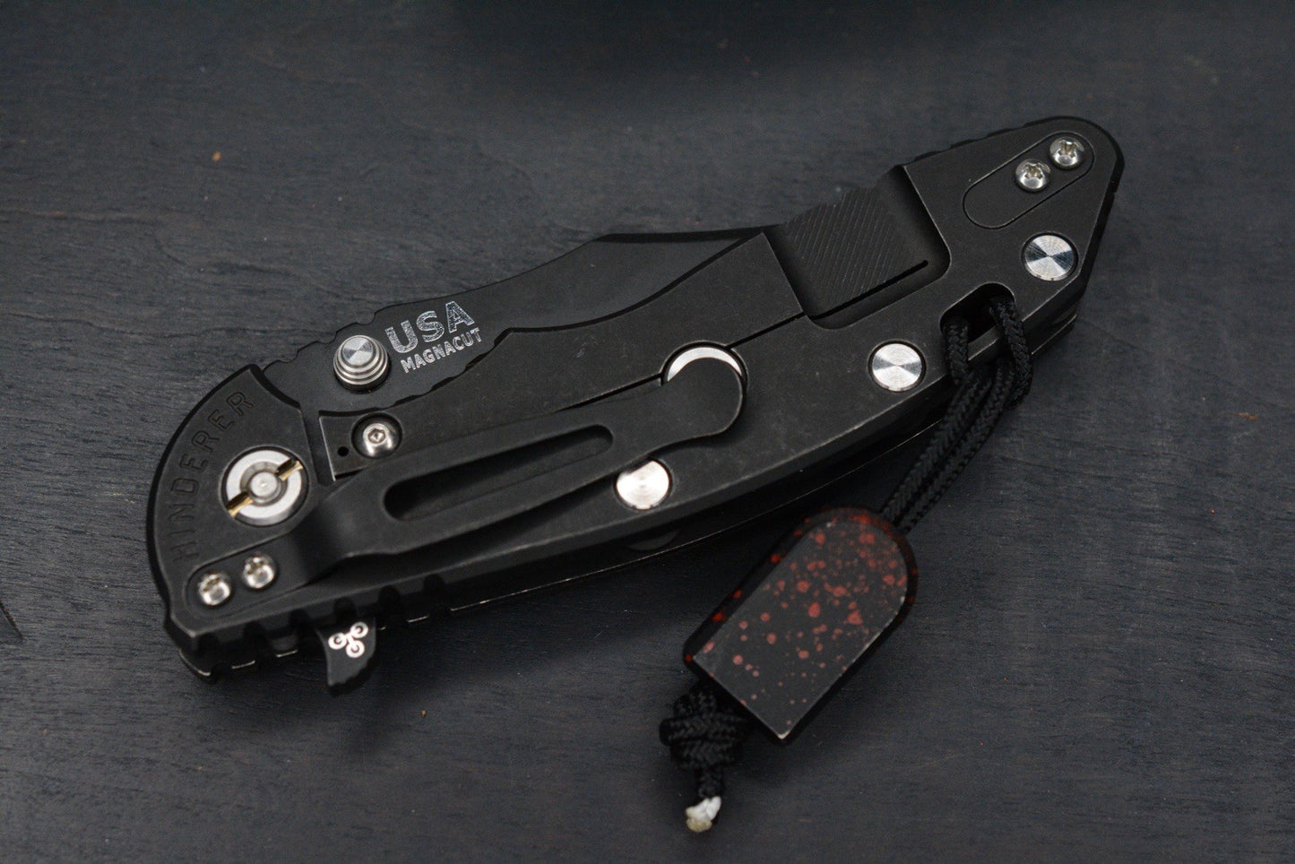 RARE Hinderer XM-18 Battle Black Magnacut Bowie/ G10 w/ Splatter Tombstone Bead