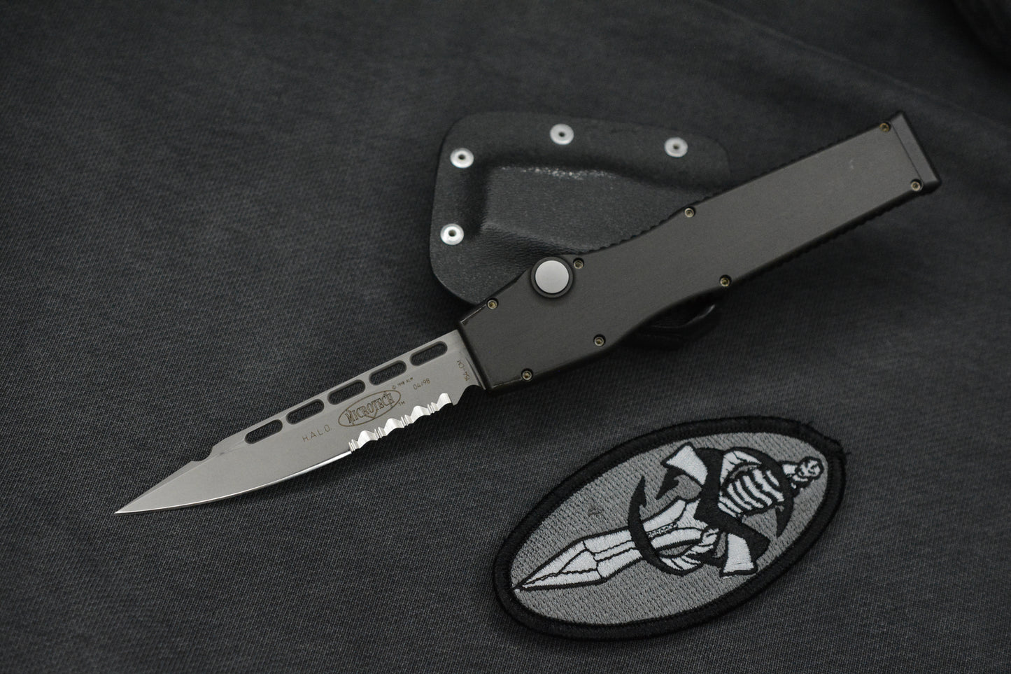 RARE Microtech Halo II Black S/E 154CM 04/1998 w/ Kydex Sheath & Patch