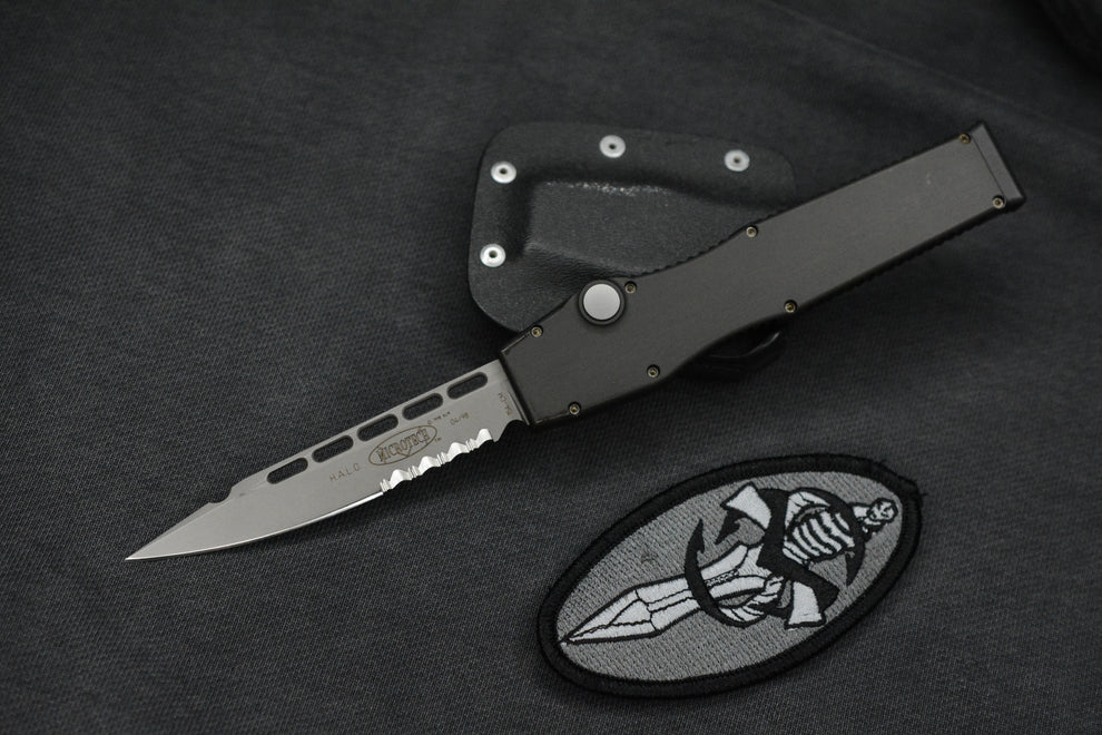 RARE Microtech Halo II Black S/E 154CM 04/1998 w/ Kydex Sheath & Patch ...