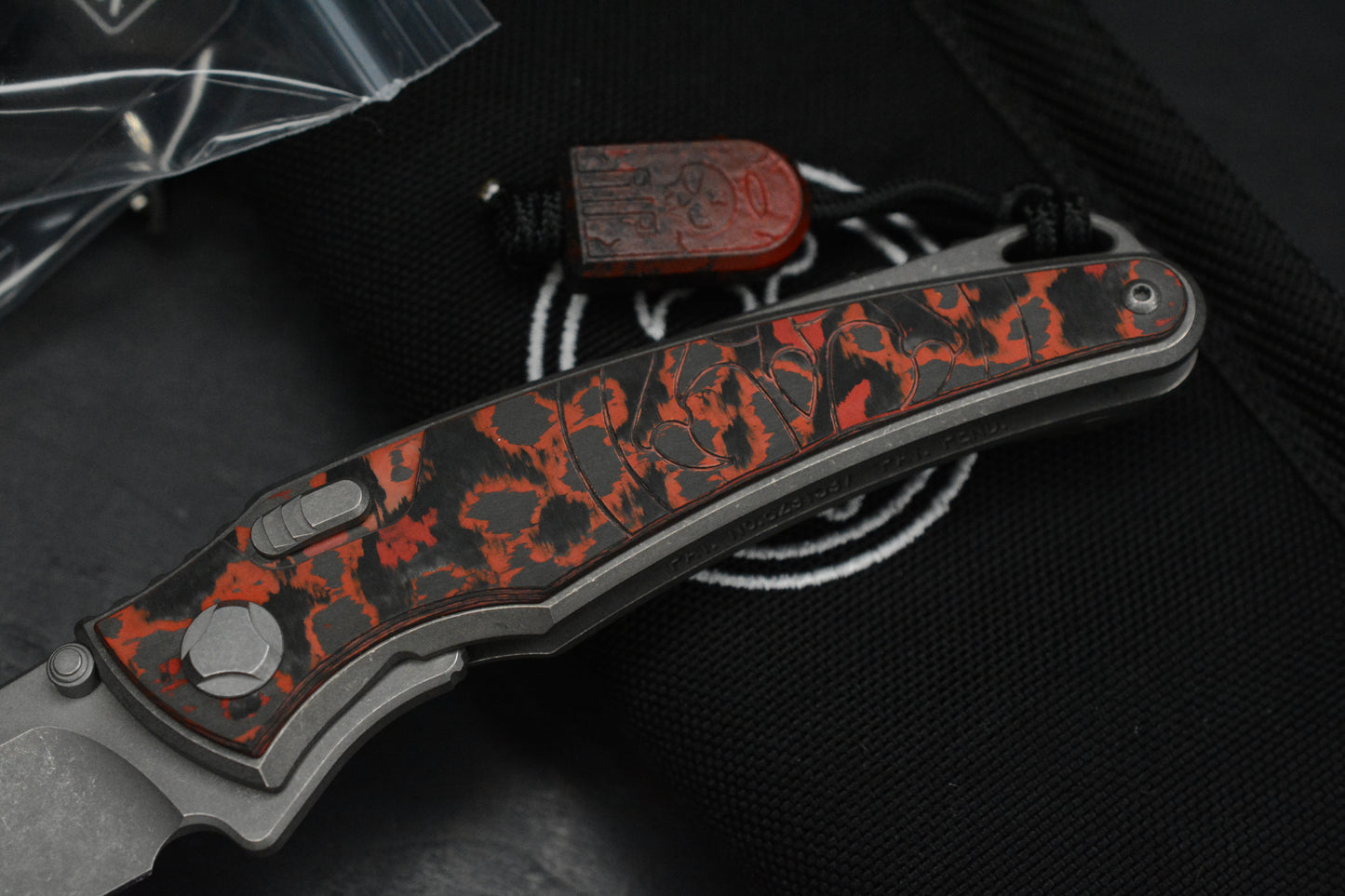 NEW Hawk Knives Talon M390 Ti Red Lava Flow Carbon Inlay w/ Custom Tombstone Bead