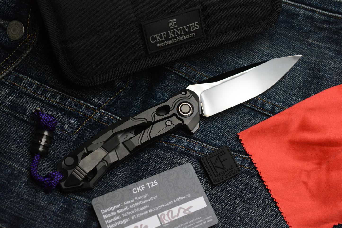 NEW Custom Knife Factory T25 DLC Milled Ti / Polished DLC M398 w/Zirc Droid Bead SN#003