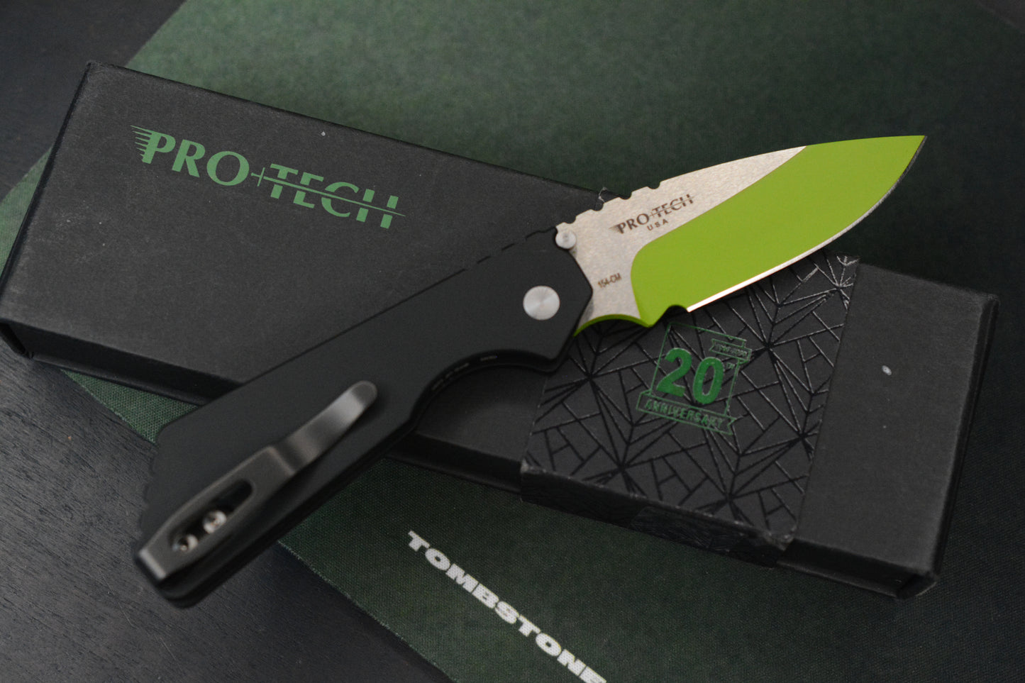 Custom Pro-Tech Strider PT Auto -  Black Handle 2-Tone Satin/Green Blade “The Gathering” #75 of 100