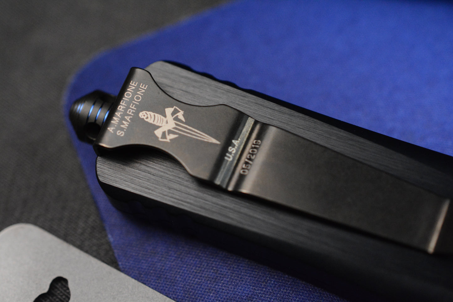RARE MARFIONE x MICROTECH COMBAT TROODON - T/E Star Grind Cracked Ice M390 / Ano Hefted Alloy w/ Blue Ringed Ti HDW 05/2019