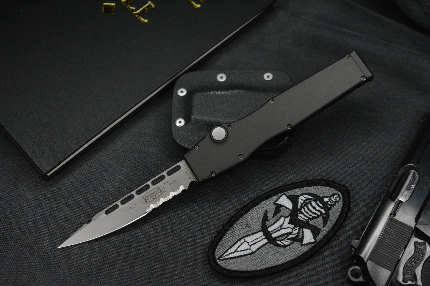 RARE Microtech Halo II Black S/E 154CM 04/1998 w/ Kydex Sheath & Patch