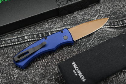 NEW ProTech Duke II Ltd Heritage Auto - Dark Navy Blue Aluminum Handle/ Tan PVD Magnacut Blade