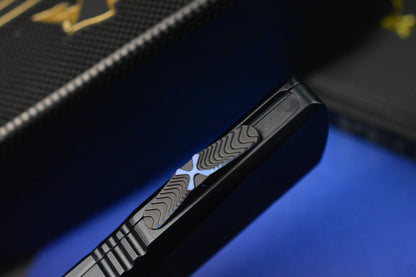 RARE MARFIONE x MICROTECH COMBAT TROODON - T/E Star Grind Cracked Ice M390 / Ano Hefted Alloy w/ Blue Ringed Ti HDW 05/2019