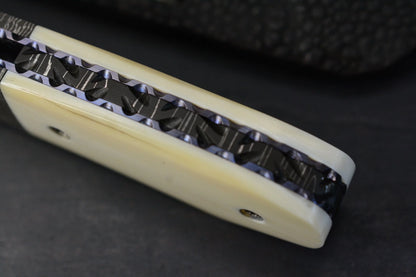 Burr Oak Knives Mini Combat Utility Knife Walrus Ivory (2.5" Mosaic Damascus) - Elephant Sheath