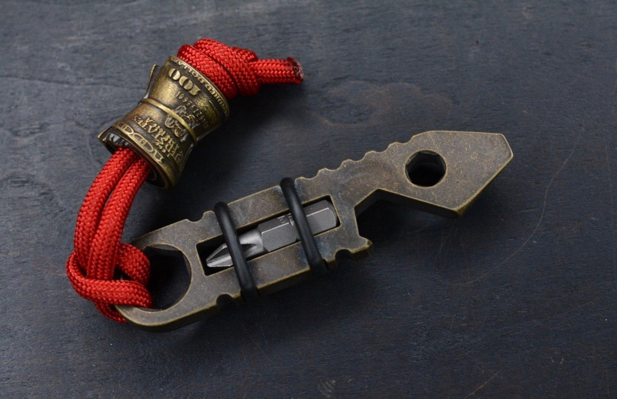 JW Knife & Tool G8 Mid Bandicoot Patina Brass Pry Opener w/ Hex Bit & Money Roll