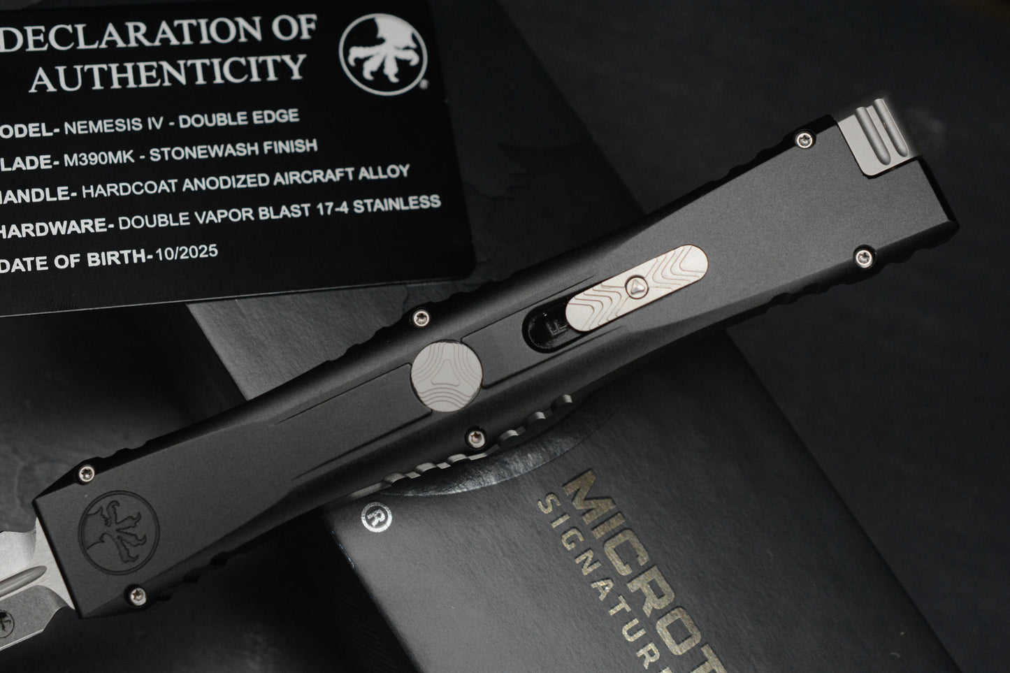 NEW Microtech Nemesis IV OTF - Stonewash D/E Black Aluminum Handle