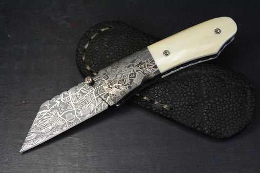 Burr Oak Knives Mini Combat Utility Knife Walrus Ivory (2.5" Mosaic Damascus) - Elephant Sheath