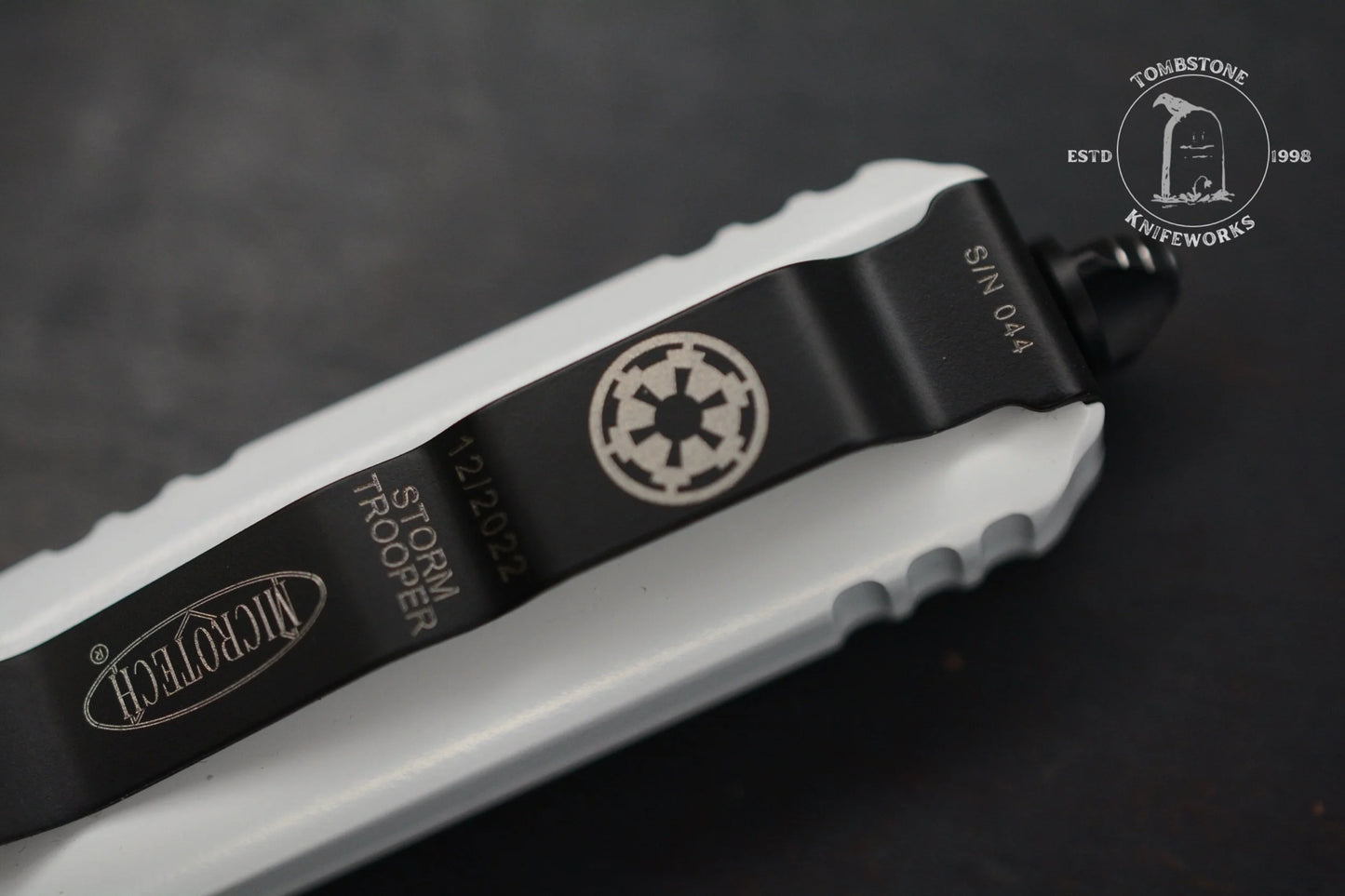 Microtech Ultratech D/E Storm Trooper White Deep Engraved Full Serrated SnN 044