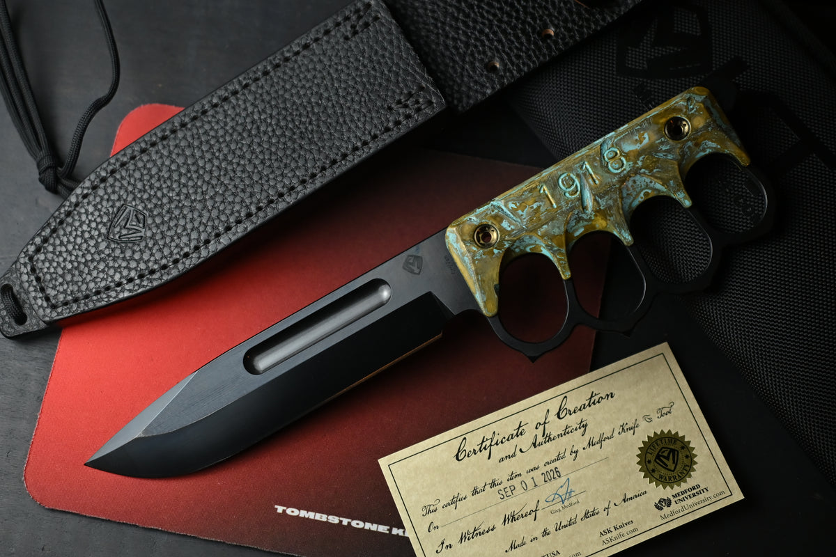 NEW Medford Trench Knife “Doughboy” Edition - 1095 Black Oxide / Battlefield Patina Brass Handles w/ COA & Black Leather Sheath