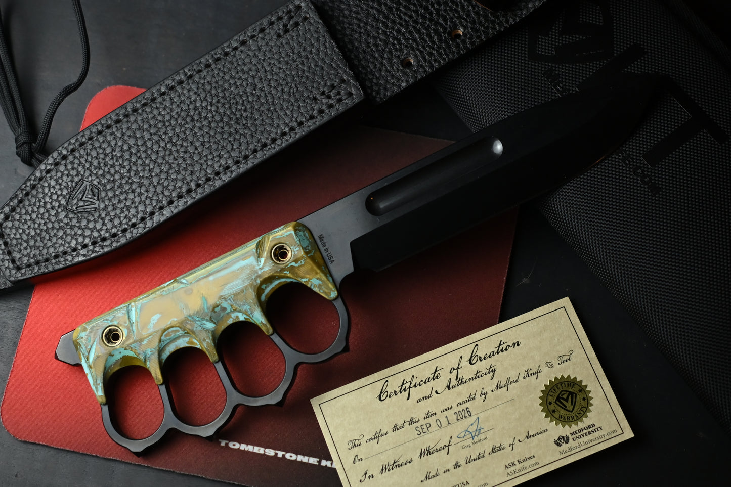 NEW Medford Trench Knife “Doughboy” Edition - 1095 Black Oxide / Battlefield Patina Brass Handles w/ COA & Black Leather Sheath