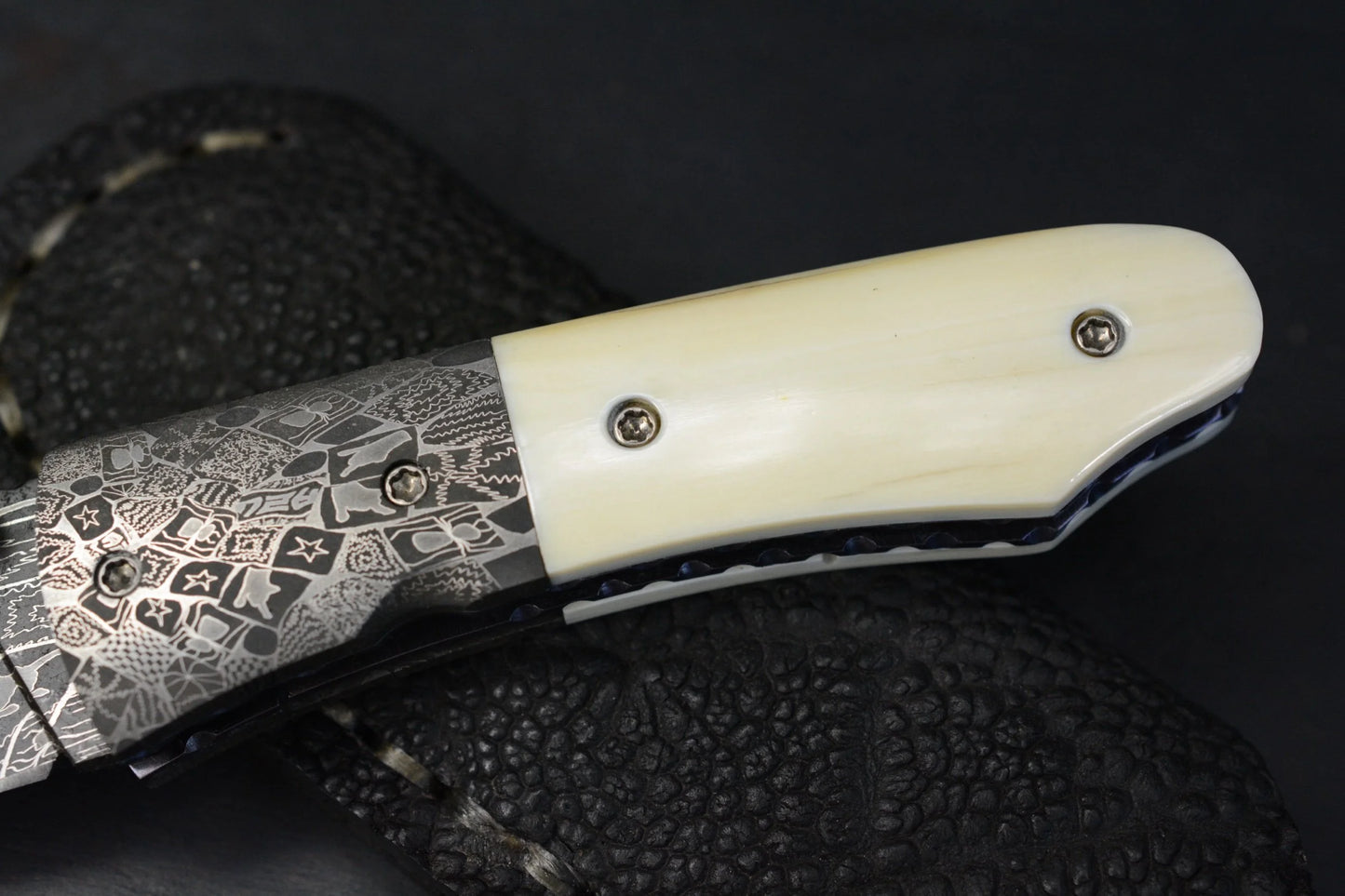 Burr Oak Knives Mini Combat Utility Knife Walrus Ivory (2.5" Mosaic Damascus) - Elephant Sheath