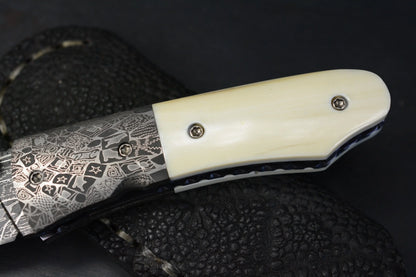 Burr Oak Knives Mini Combat Utility Knife Walrus Ivory (2.5" Mosaic Damascus) - Elephant Sheath