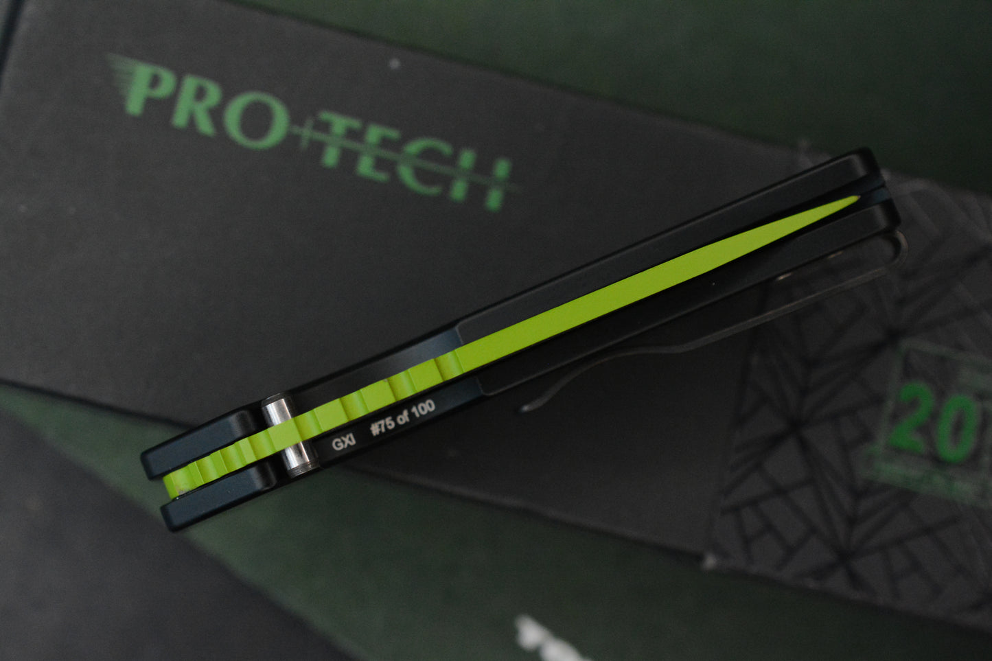 Custom Pro-Tech Strider PT Auto -  Black Handle 2-Tone Satin/Green Blade “The Gathering” #75 of 100