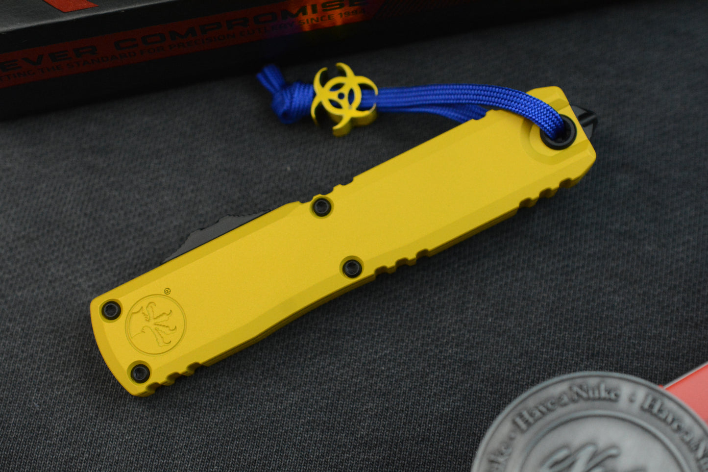 NEW Microtech Ultratech Gen IV D/E Yellow/ Black w/ Fallout Pack (Radioactive Bead & Nuka Cola Coin)