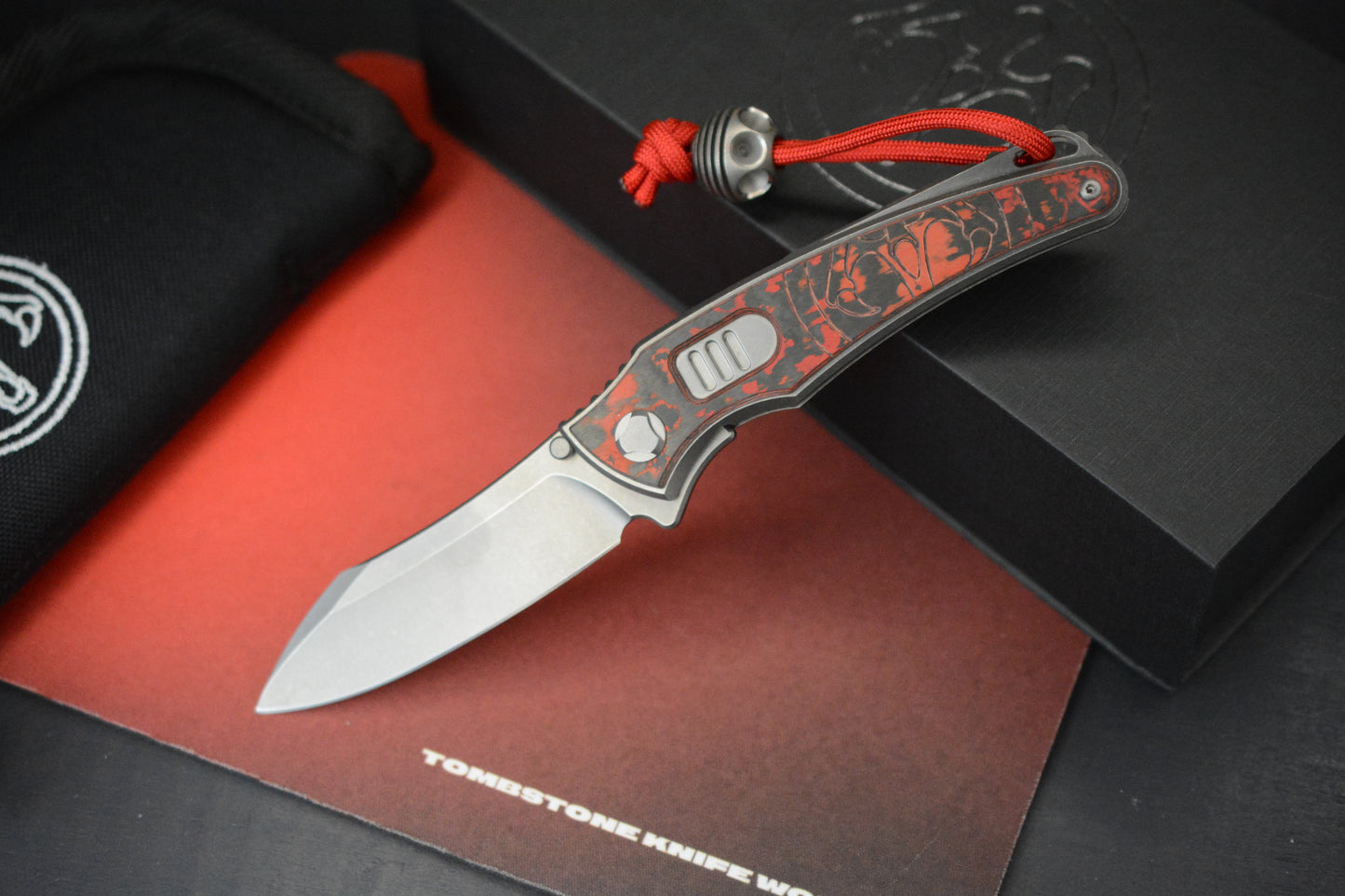 NEW Hawk Knives Talon Auto - Red Lava Flow Carbon Fiber Bright Washed w/ Custom Ti Bead