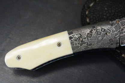 Burr Oak Knives Mini Combat Utility Knife Walrus Ivory (2.5" Mosaic Damascus) - Elephant Sheath