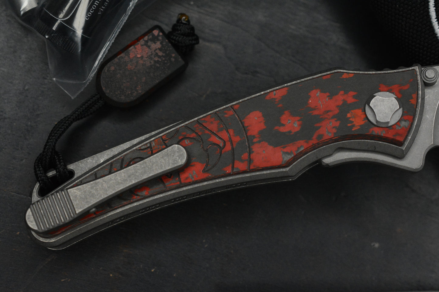 NEW Hawk Knives Talon M390 Ti Red Lava Flow Carbon Inlay w/ Custom Tombstone Bead