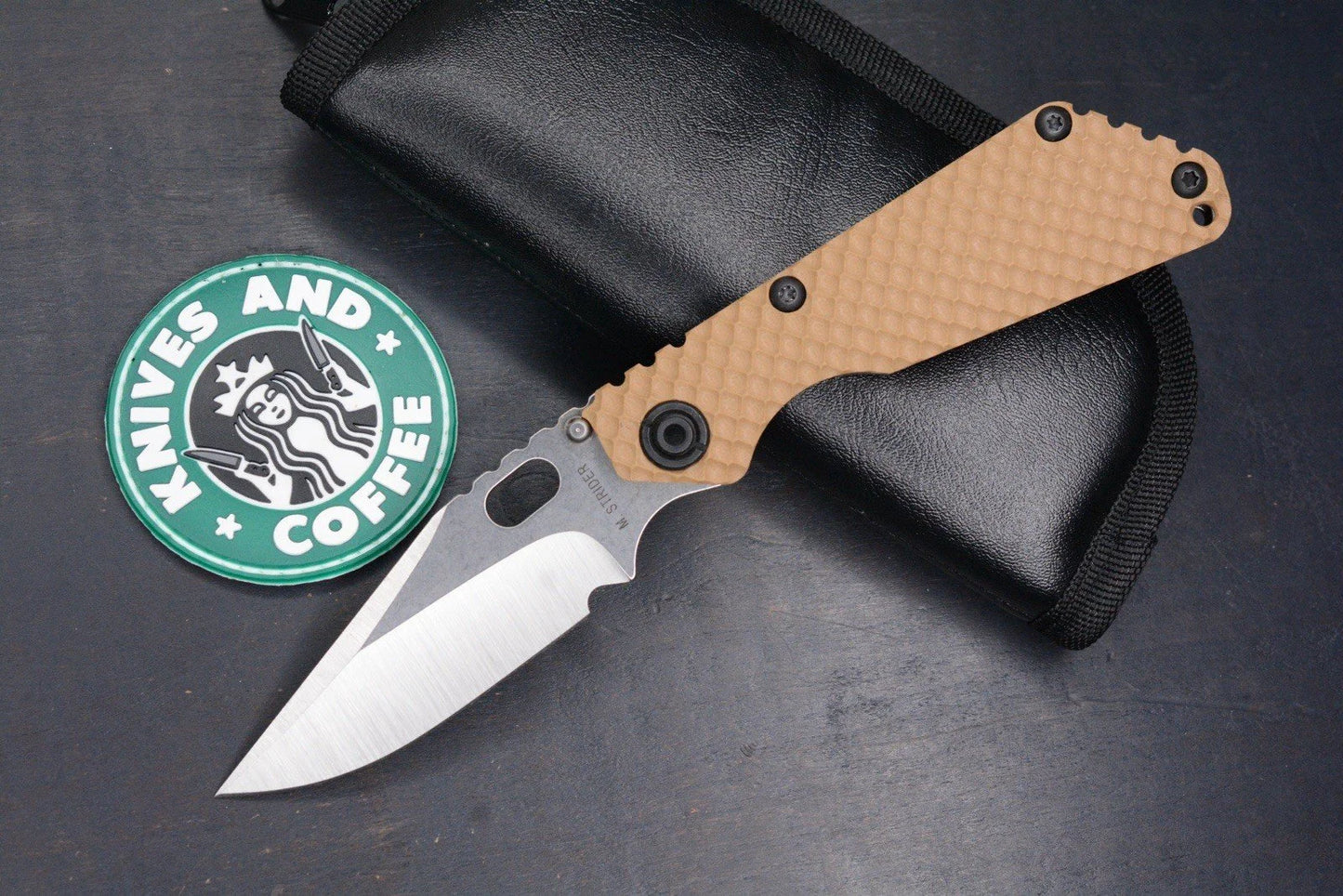 RARE Strider Custom Knives SNG DGG Coyote Tan Bowie w/ Leather Pouch & Patch