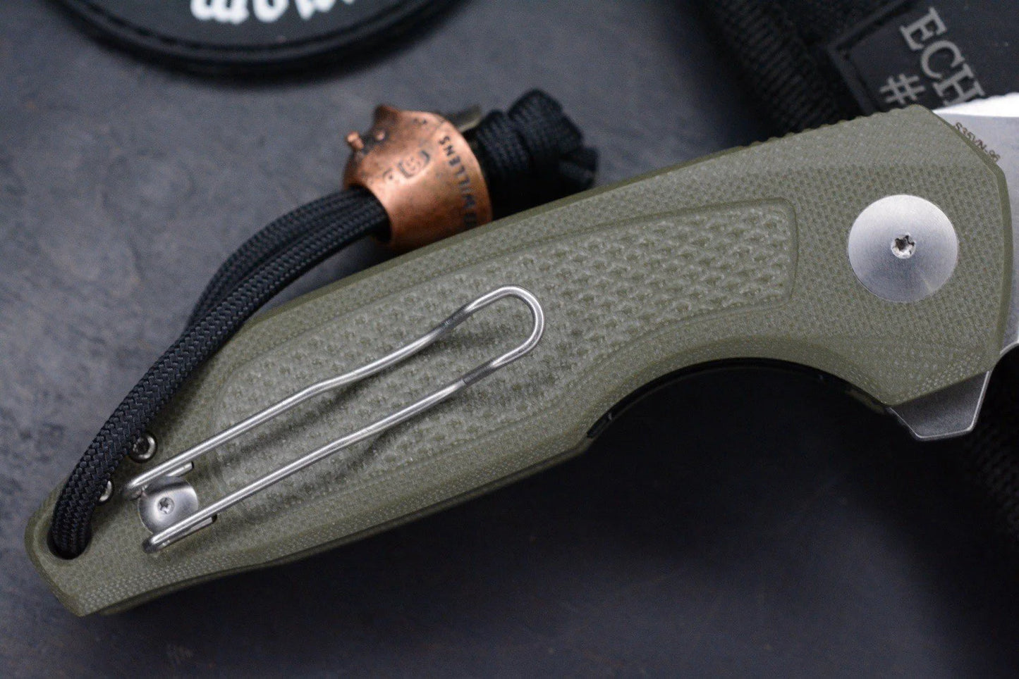NEW Custom Knife Factory Echo Trol Green G-10 S35VN w/Skull Bead & TKW Patch