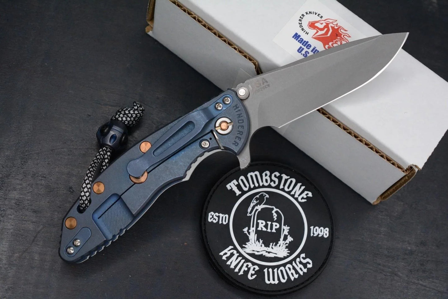 RARE Hinderer Spec Assembly XM-18 3.5” Spanto Battle Blue/Copper HDW / White G10