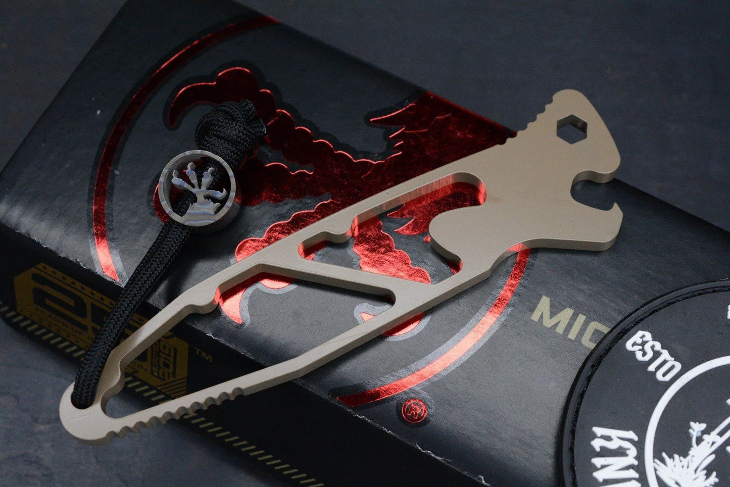 RARE Microtech Socom Skeleton Coyote Tan Bottle Opener w/ Claw Bead & Patch