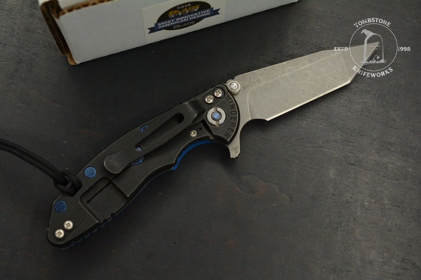 NEW Hinderer XM-18 Harpoon Tanto Blue G-10 Black Rear Scale w/ Blue Custom Hdw