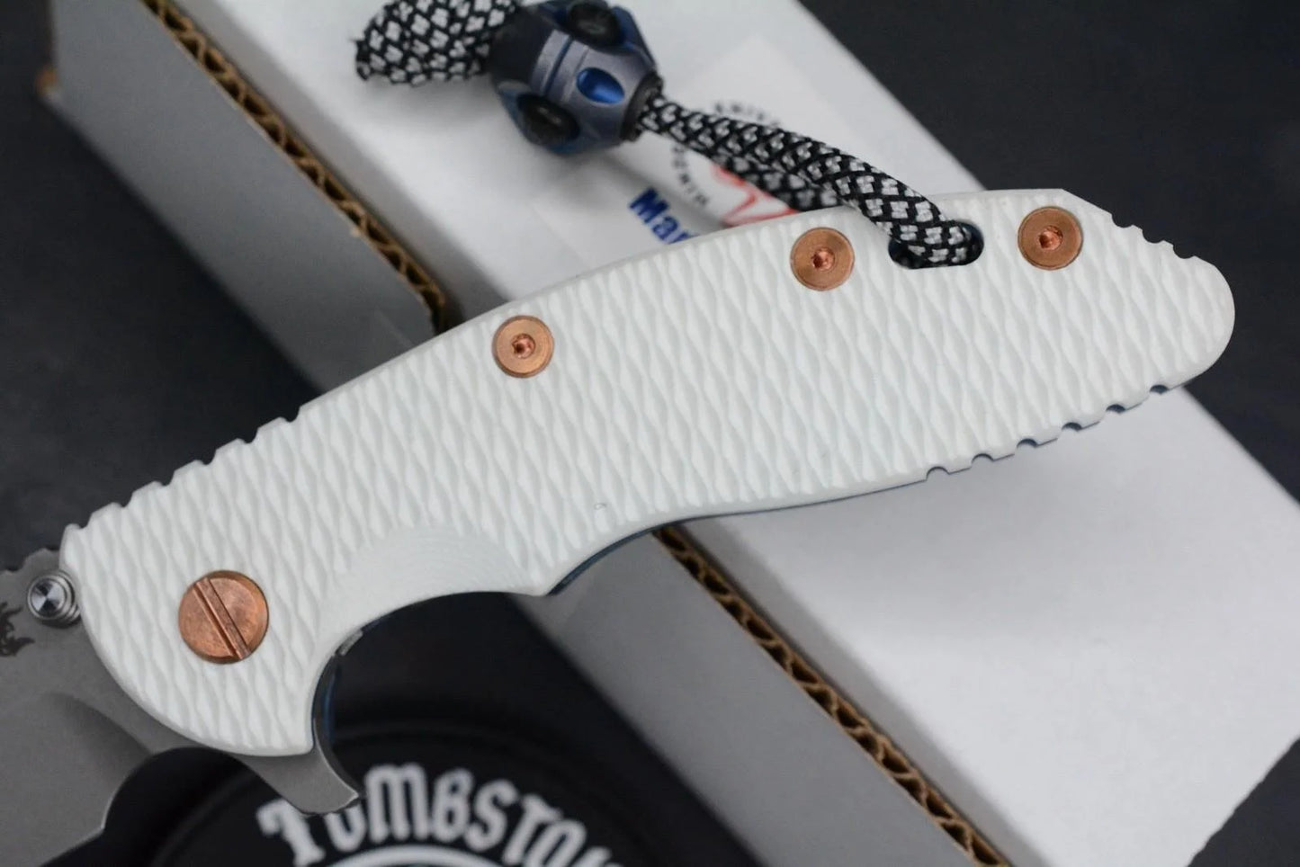 RARE Hinderer Spec Assembly XM-18 3.5” Spanto Battle Blue/Copper HDW / White G10