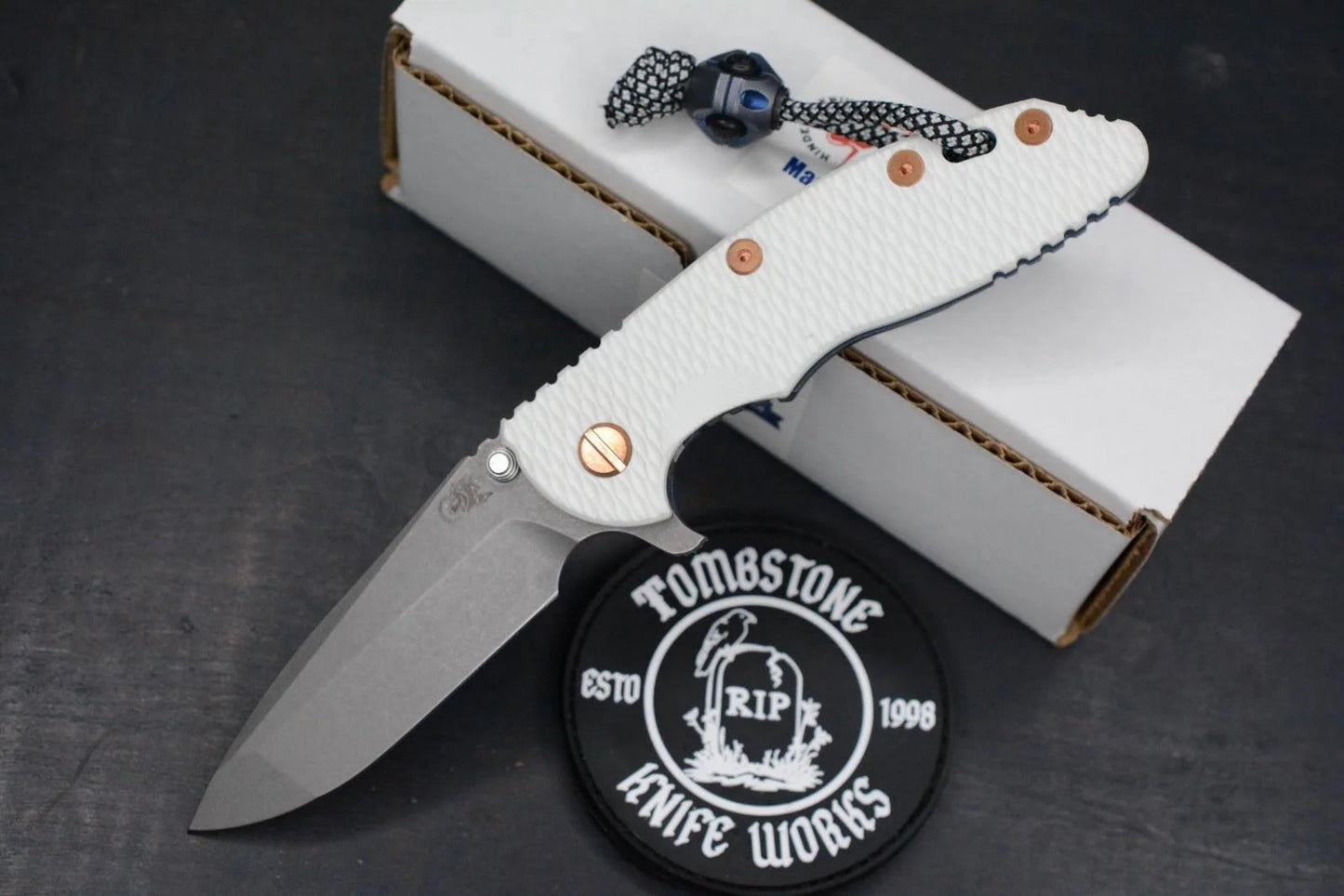 RARE Hinderer Spec Assembly XM-18 3.5” Spanto Battle Blue/Copper HDW / White G10