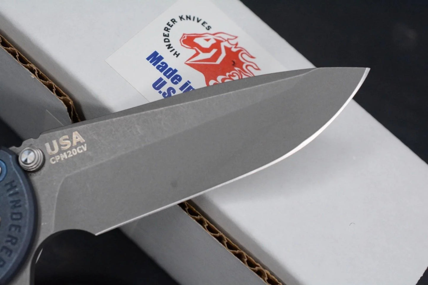 RARE Hinderer Spec Assembly XM-18 3.5” Spanto Battle Blue/Copper HDW / White G10
