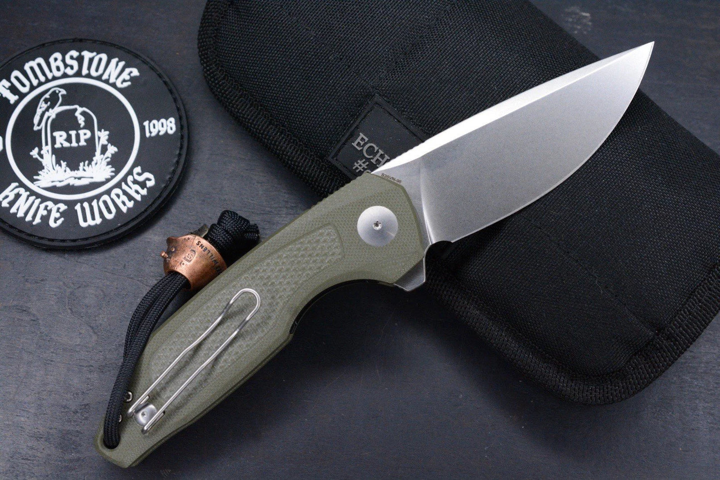 NEW Custom Knife Factory Echo Trol Green G-10 S35VN w/Skull Bead & TKW Patch