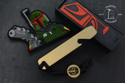 NEW Mandalorian/ Boba Fett Pry Bar & Bottle Opener Engraved Brass w/ PDW Patch