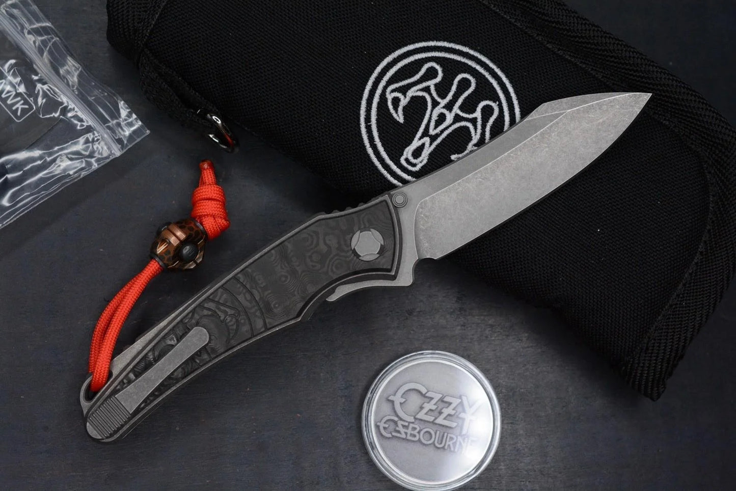 RARE G&G Hawk Talon M390 Ti Carbon Inlay Black Dunes w/ Bead & Ozzy Coin