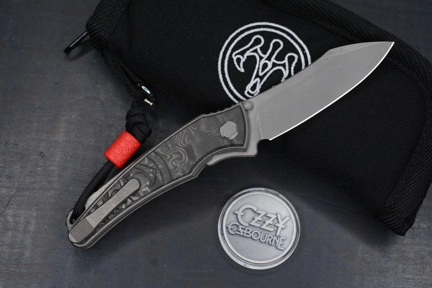 RARE G&G Hawk Talon M390 Ti Carbon Inlay Black Dunes w/ Playge Bead & Ozzy Coin